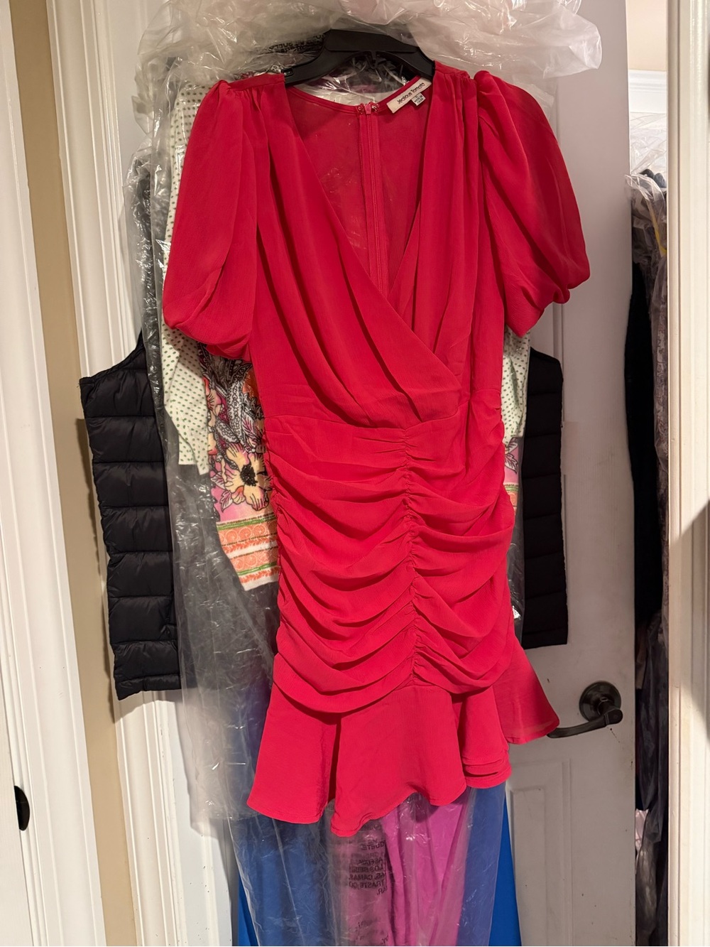 Jealous Tomato Hot Pink Ruched Surplice Mini Dress